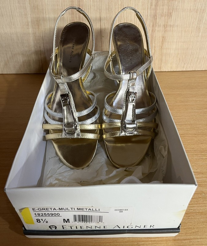 Aigner Sandals Silver & Gold 8.5M Metallic Excellent Condition Original Box