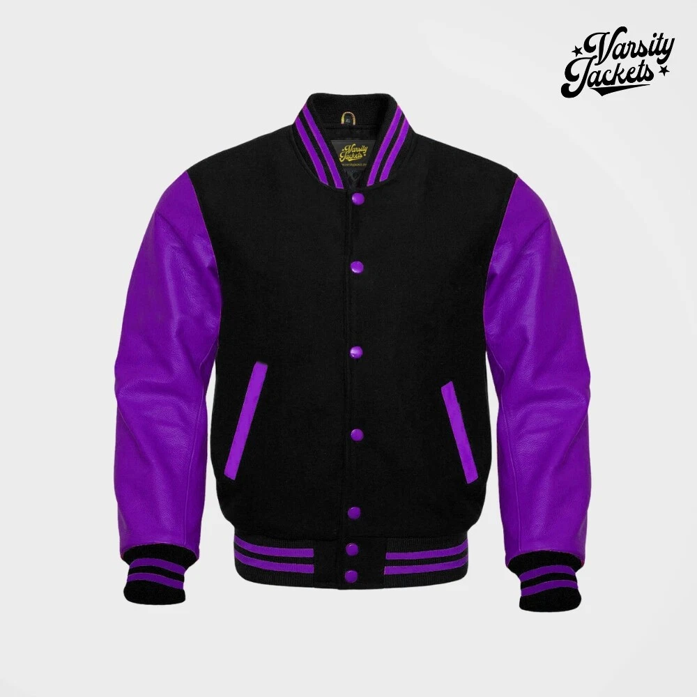 Black Wool Purple Sleeve Varsity Jacket Letterman Baseball Bomber College  Jacket