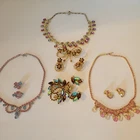 Vintage Costume Jewelry Lot of 3 Necklaces 2 Brooches Earrings Rhinestones 50s