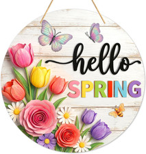 Hello Spring Door Sign - 11.5" Welcome Spring Decor Front Door Signs with Floral
