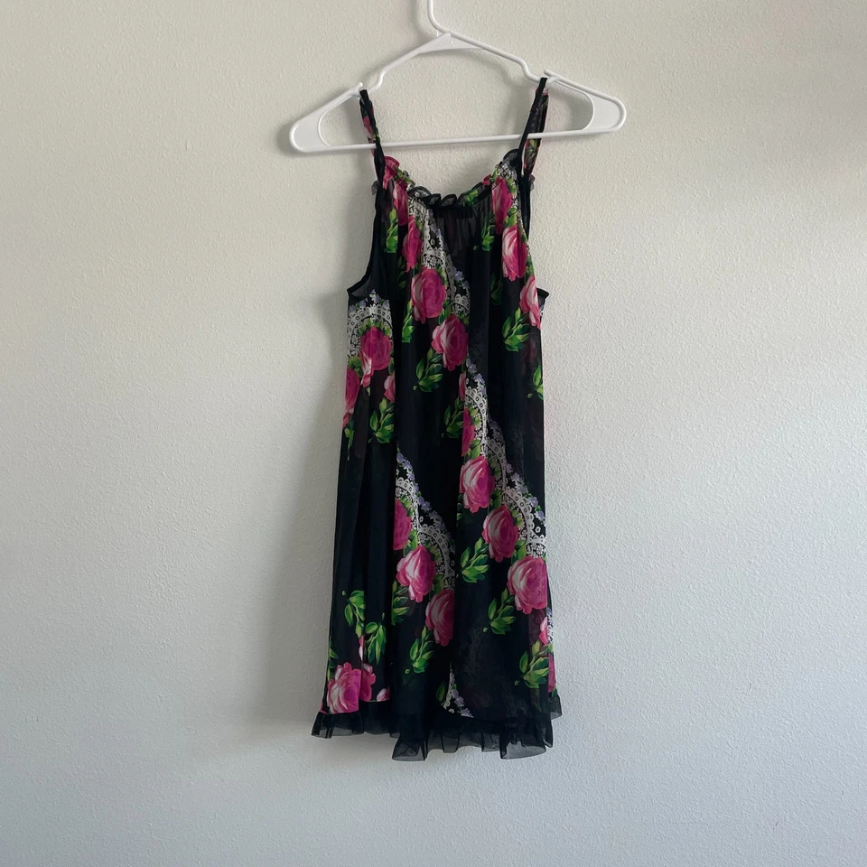 Vestido Betsey Johnson Mujer M Negro Transparente Floral Hada Coqueta Volantes Íntimo Foto 2 de 4