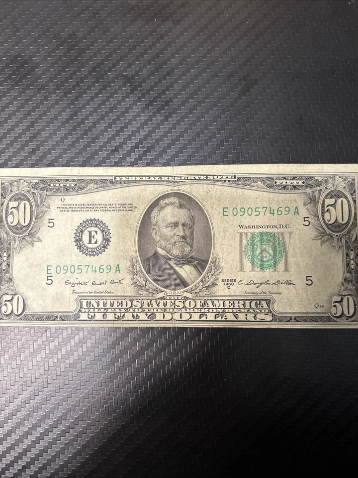 1950 C $50 FRN SN E09057469A. Error note.  - Image 2 of 4