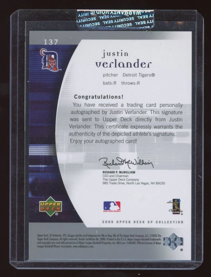 2005 Upper Deck #137 SP Authentic Justin Verlander Auto Rookie /185 Sealed MINT! - Image 2 of 2