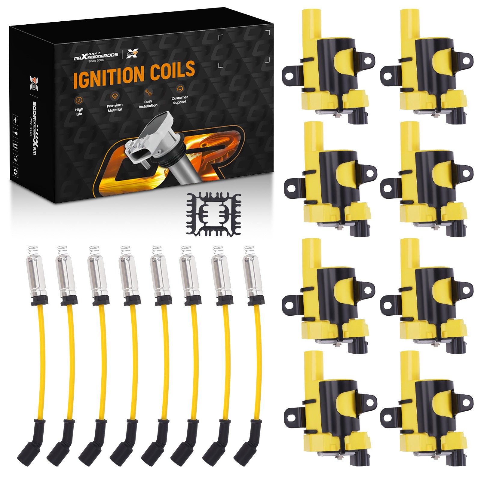 8x Round Ignition Coil & Spark Plug Wire For GMC Chevy Cadillac 4.8L 5.3L 6.0L