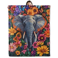 Colorful Floral Elephant Blanket, Cozy Flannel Throw Blanket with Flowers  B...