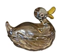 Vintage Jeanette Glass Irridescent Marigold Covered Duck Candy Dish