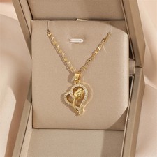 18K Gold Plated Cubic Zirconia Heart Rose Pendant Necklace Simple Cute Jewelry