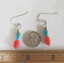 KINGMAN TURQUOISE & CORAL  1.5" EARRINGS .925 BEADS & EAR WIRES  5TCW  #791