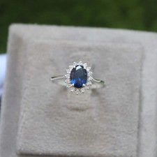 Vintage Sterling Silver Lab-Created  Sapphire Stone Ring Diamond Halo Rings