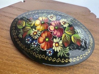 Vintage Russian Hand Painted Floral Brooch - Signed Russia Laquer Flower Pin