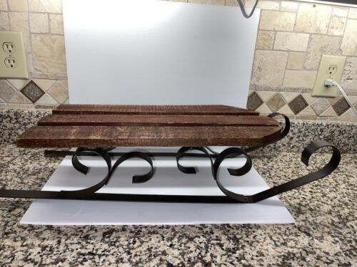 Vintage Hand Made Rustic Wooden Sleigh Sled Iron Rails Christmas 27” L  6”H 10w - 第 1/8 張圖片