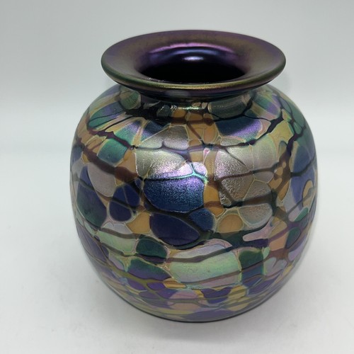 Rick Hunter Signed Blown Glass Purple Blue Gold Iridescent Art Glass Vase - Picture 3 of 8