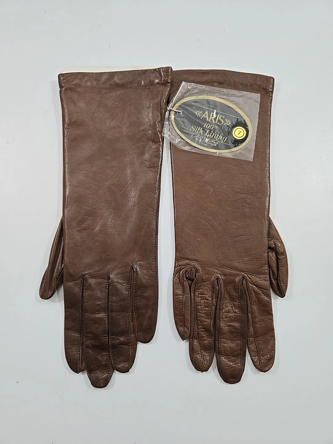 NWT Aris 100% Silk Lined Leather Driving Gloves Wrist Length Mink Brown Size 7