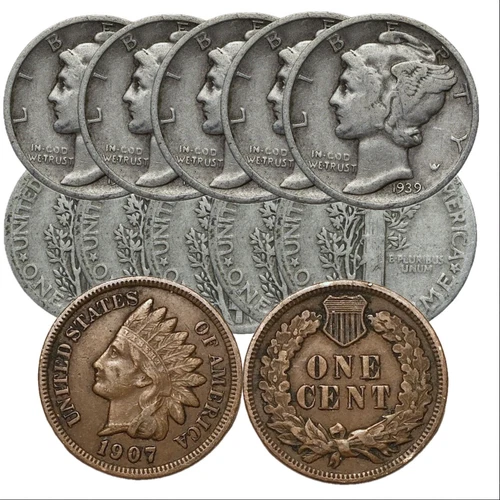 LOT OF 5 SILVER MERCURY DIMES (5 PC. LOT) AND 1 FULL LIBERTY INDIAN HEAD CENT! 
