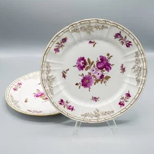 KPM Royal Berlin Dinner Plates Puce Purple Flowers Gold Pair - 10"