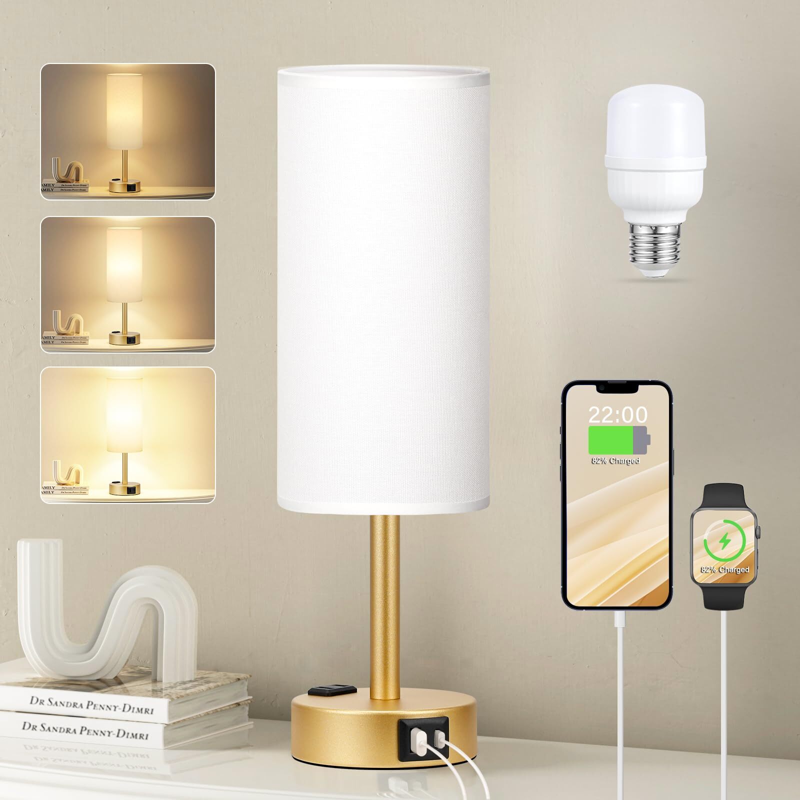 Gold Touch Lamp for Bedroom- 3 Way Dimmable Bedside Lamp USB C A Charging Por...