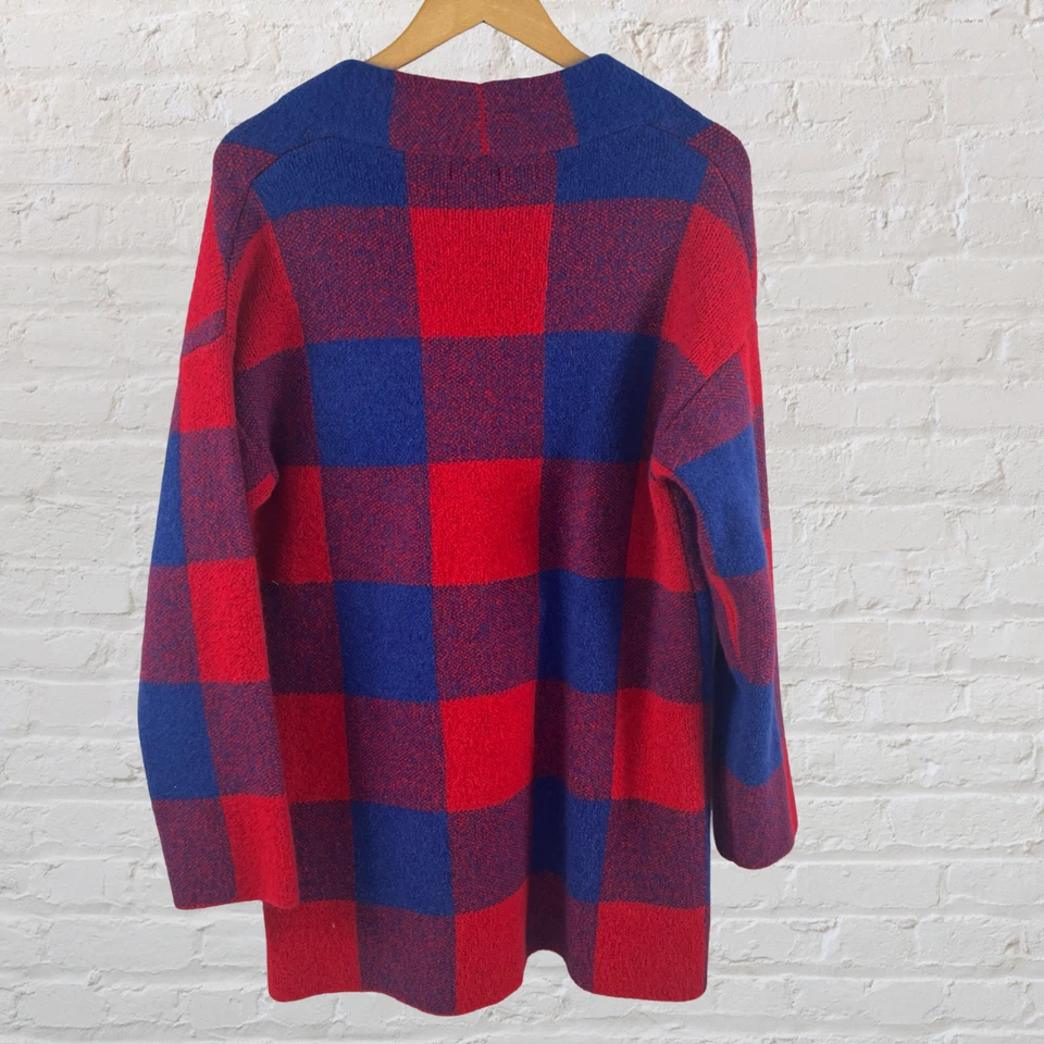 Abrigo Suéter Umgee Mujer Talla Pequeña Botón Delantero Azul Rojo Cuadros Largo Cuello en V Foto 2 de 4