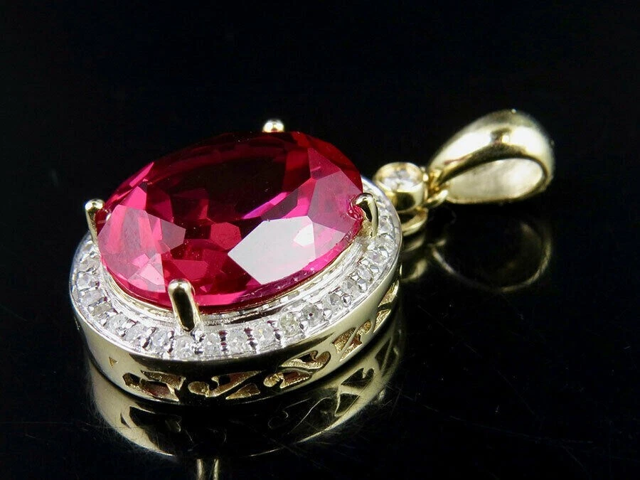 10K Yellow Gold Plated Ruby Lab Created Diamond Pendant 1 inch 3.5 Ct - Image 4 of 4