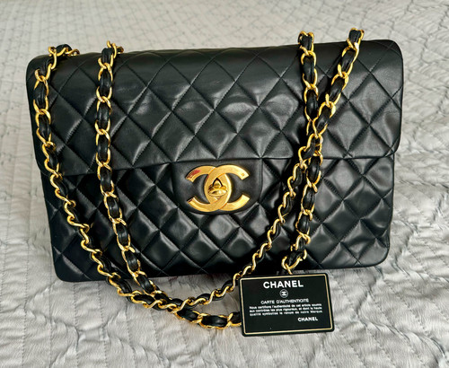 Authentic Chanel Jumbo Classic Flap Black Leather Shoulder Bag