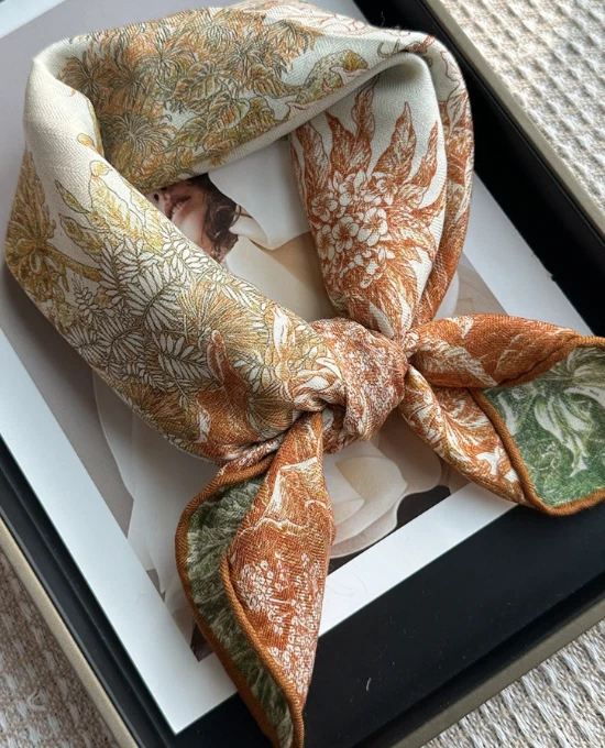 70% Cashmere 30% Silk Scarf 26'' Neckerchief Shawl rainforest Print Bandana Wrap
