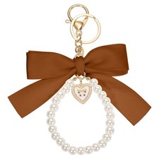 Ribbon Bow Keychain Pearl Wristlet Keychain Heart Pendant Bronze Gold