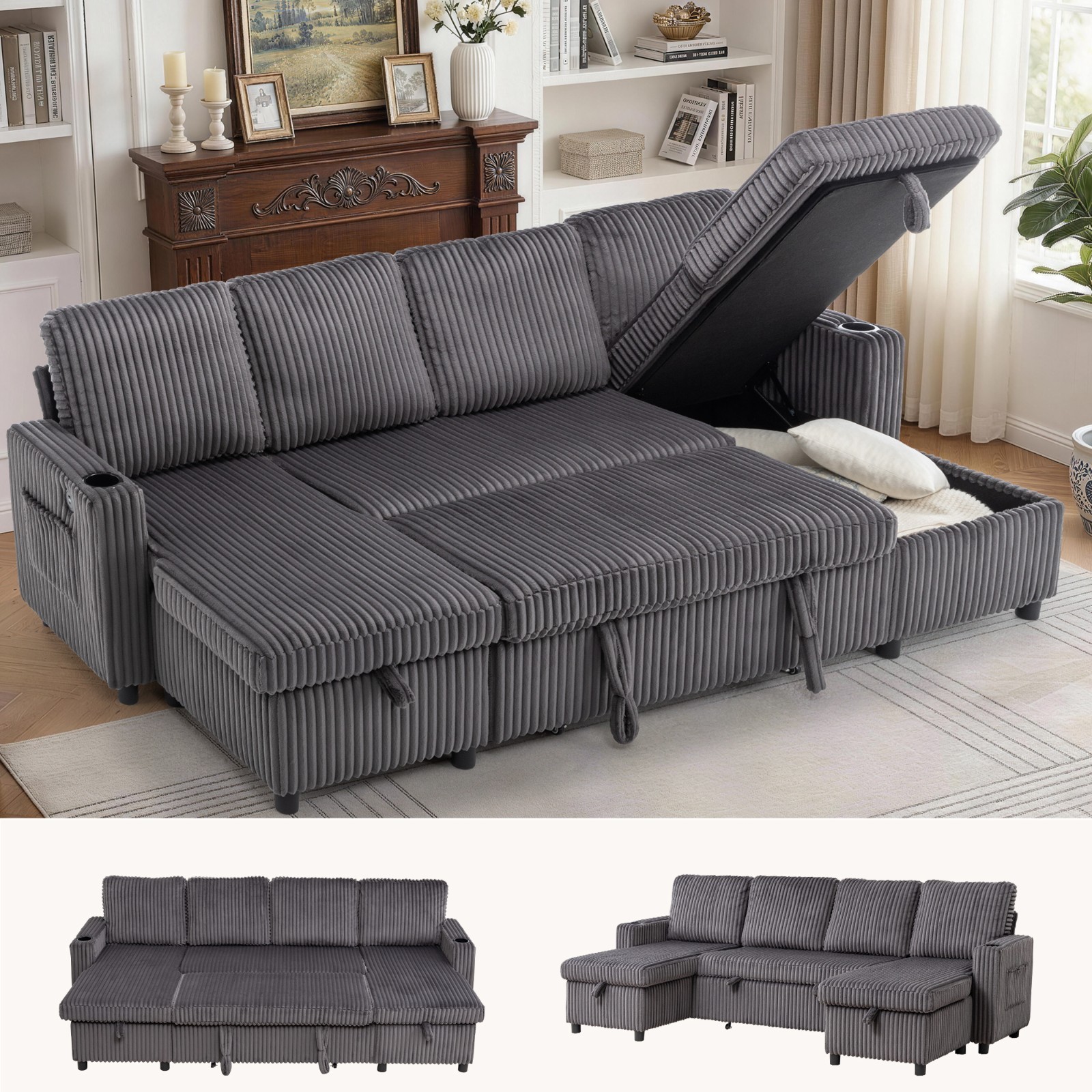 Korser 102" U Shaped Sleeper Sectional Sofa with Pull Out Bed USB & Type-C Ports