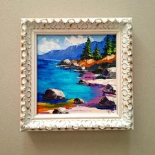 Lake Tahoe Oil Painting: Impasto Sequoia Landscape Art, Unframed 6x6