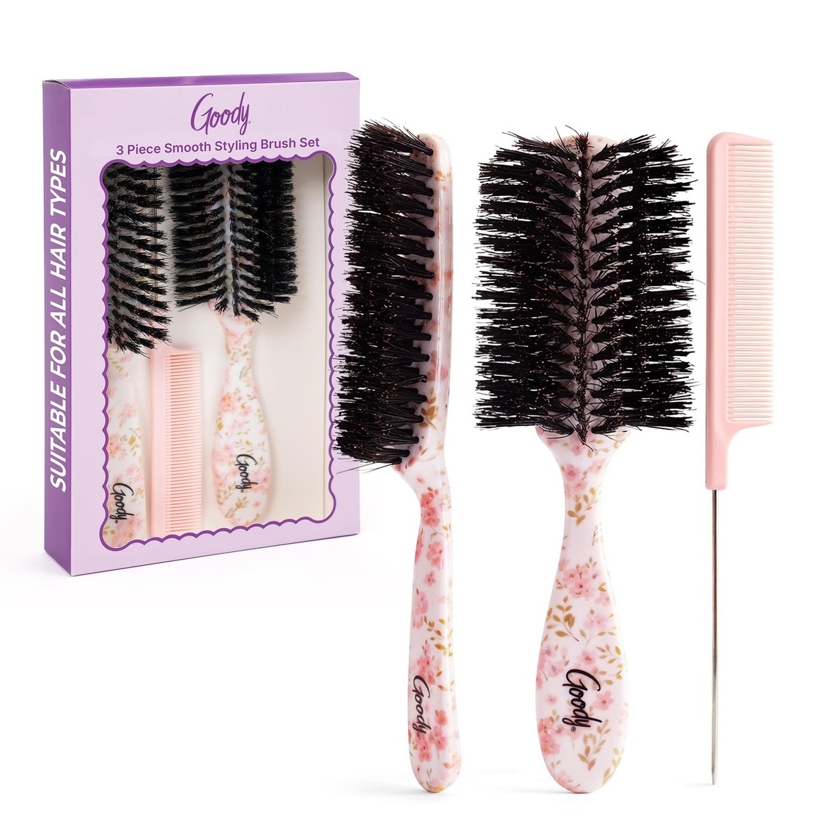 3-Piece Styling Hairbrush Set Floral Boar Bristle Half-Round Rat