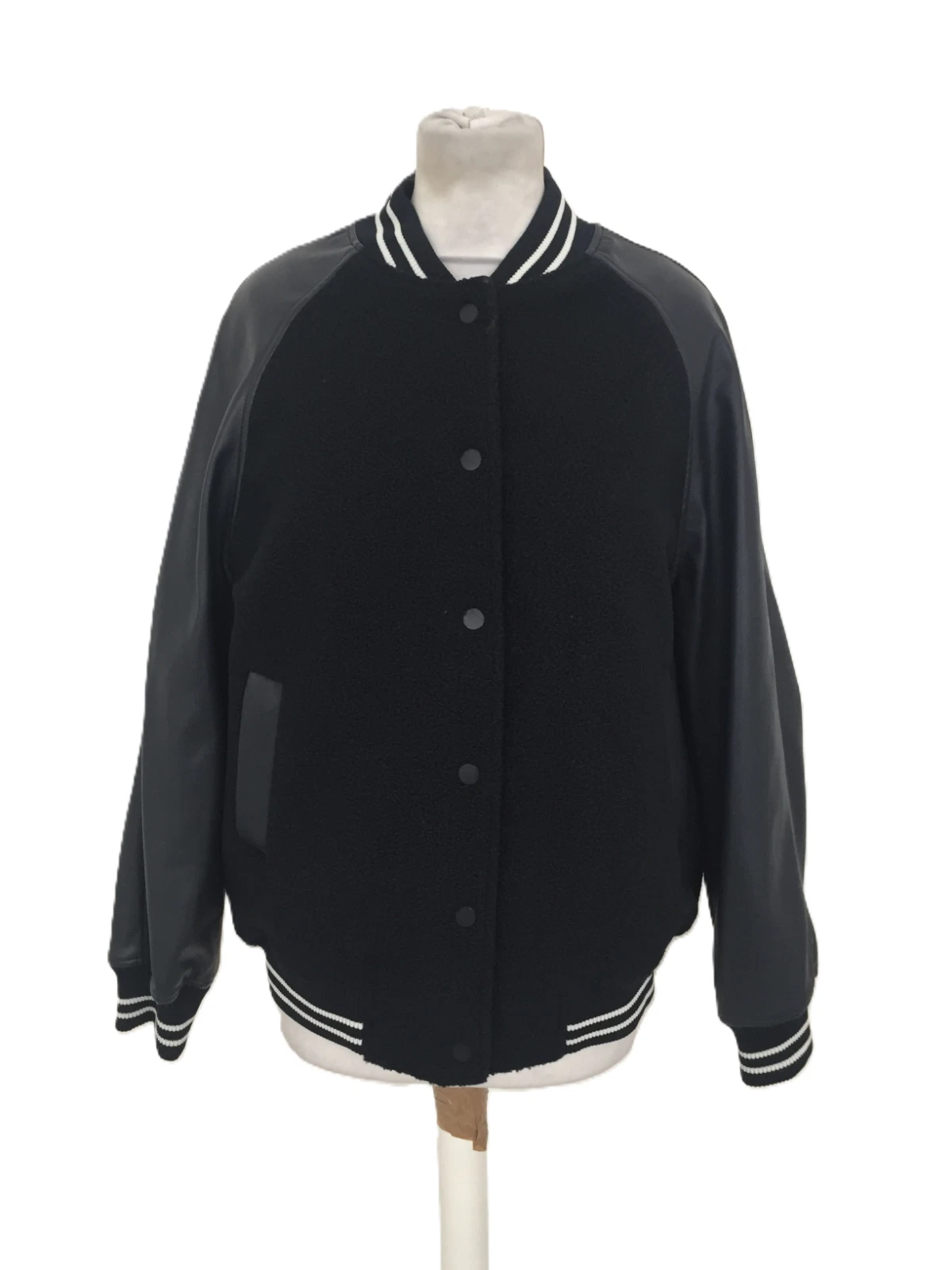 M&S Women's Bomber Jacket Navy Faux Leather Mix Striped Rib Trim L/Sleeve New