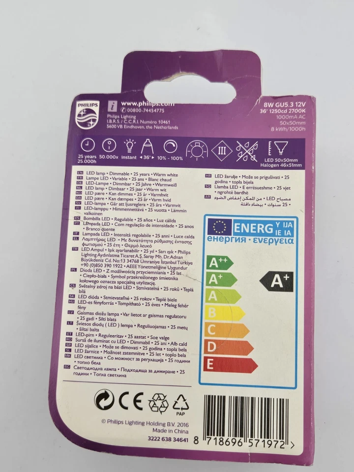 Philips 8W GU5.3 Dimmable LED Spotlight Bulb Warm White 621lm 50W Equivalent A+ - Image 4 of 4