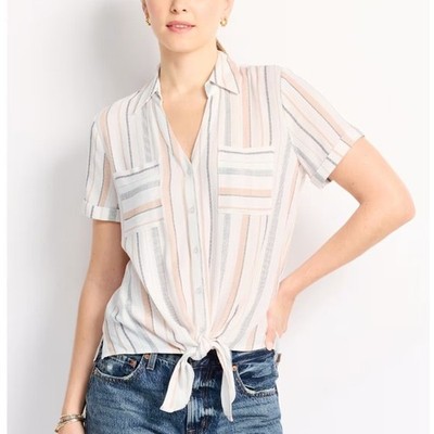 Women's Striped FORTUNE + IVY Candace Two Pocket Tie Front Blouse Size M NEW