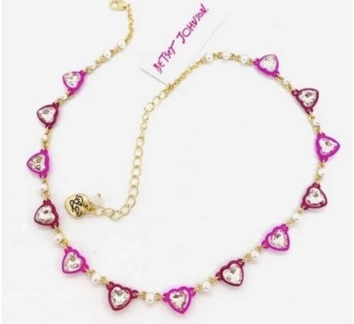 Betsey Johnson Pink & Mauve Enamel Heart Collar Necklace Crystal Valentine NEW