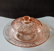 Vintage Sharon Cabbage Rose Pink Depression Glass Covered Butter Dish 7-5/8