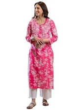 GoSriKi Womens Cotton Blend Chikankari Regular Fit Embroidered Straight Kurta