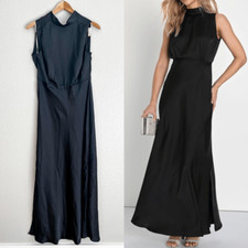 Lulus Classic Elegance Black Satin Sleeveless Mock Neck Maxi Dress L