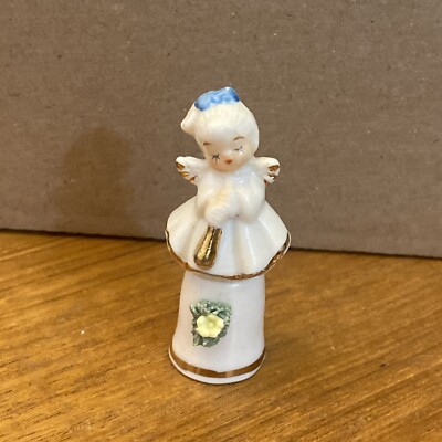 Vintage Girl Angel Blue Bow Playing Horn Porcelain Thimble