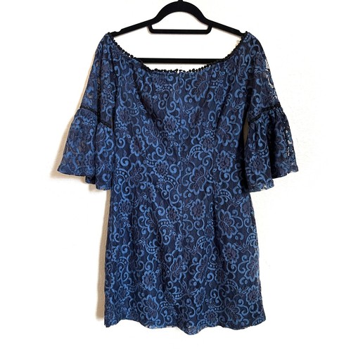 BB Dakota Danlyn NWT Navy Blue Lace Off the Shoulder Mini Dress Sz 8 Flounce Slv - Picture 3 of 6