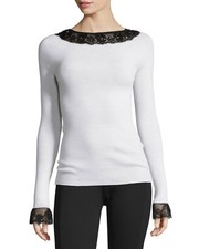 $890 New Oscar de la Renta Lace Trim Wool Top Sweater Pullover off White Black M