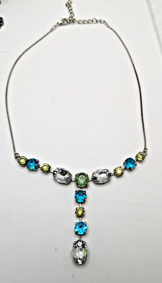 Collar Lariat Grande Amarillo Azul Cristal Transparente Estrás Tono Plata 19" Foto 3 de 4