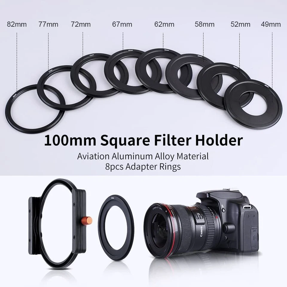 K&F Concept Metal Square Filter Holder 100mm w/ 8 Lens Filter Adapter 49mm-82mm - Image 2 of 4
