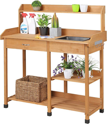 Solid Wood Potting Bench with Sink, Drawer & Shelves for Outdoor Gardening