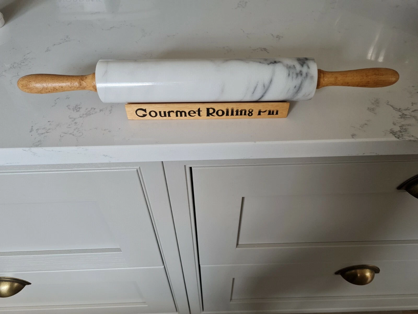 Gourmet 10” long Marble Rolling Pin with Wooden Stand and Wooden Handles.