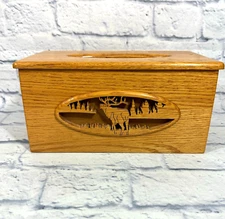 Vintage Hand Carved Wooden Tissue Box Cover Deer Wilderness 10" x 5"