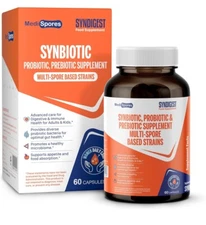 Synbiotic Dualbiotic Prebiotic & Probiotic MediSpores Syndigest 60 Capsules New