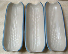 3pc Set Pfaltzgraff Boiled Corn Holder Yorktowne White Corn Blue Rim made in USA