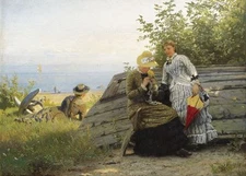 Oil painting Damer i solskinnet or Ladies in the sunshine landscape by beach 