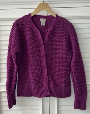 LL Bean Womens M Dot Knit Full Button Cardigan Sweater Magenta Pink Wool/Angora