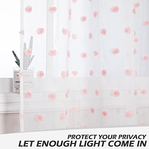 Pom Pom Sheer Curtains for Girls Bedroom Pink Curtains 52W x 84L Pink Pom Pom - Picture 5 of 7