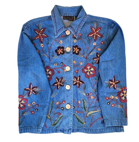 Vintage 90’s New Direction Boho Artsy Floral Embroidered Denim Jacket Women’s S - Bild 15 von 19