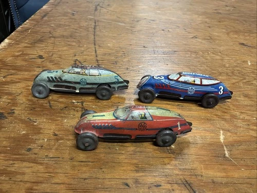 Marx Vintage Tin Litho Wind-Up Race Cars Set of 3, No Key, Untested